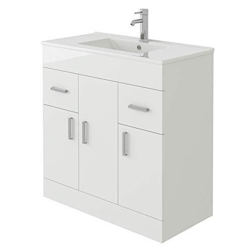 Image of VeeBath Sphinx High Gloss White Free Standing Basin Vanity Cabinet Unit & Rectangular Sink - 800mm