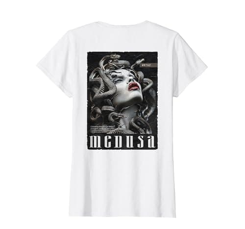 Image of Gorgon Medusa Goddess Snake Greek Mythology Backprint Medusa T-Shirt, Women, White, Large