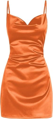 Image of LJYAUTO Women's Sexy Satin Spaghetti Strap Mini Dress Slip Cowl Neck Creased Dresses Cocktail Club Party Cami Dress (S,Orange)