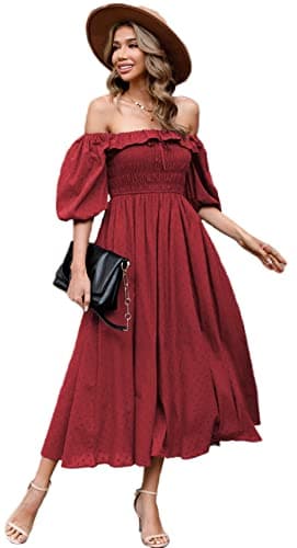 Image of R.Vivimos Women's Polka Dot Slim Fit Half Puff Sleeve Dress Square Neck Cottagecore Long Midi Dress(XLarge,Burgundy)