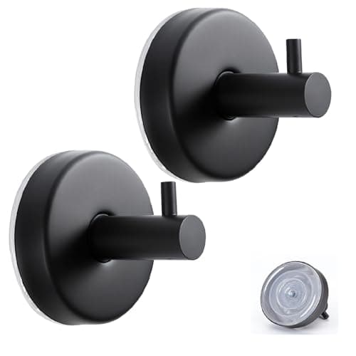 Image of Dntorx Suction Cup Hooks, 2 Pack Black Stainless Steel Suction Hook for Shower Bathroom Towel Hook Holders Shower Hooks Hanging Towels, Loofah, Robe, Coat,
