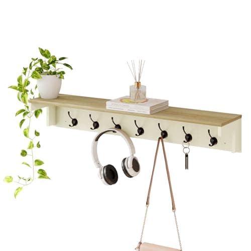 Image of Levede Wall Mounted Coat Rack with Shelf, 7 Double Coat Hooks, 80cm Hallway Coat Hooks Wall Mounted, Coat Rack with Shelf for Entryway, Hallway, Bedroom, Cream Color & Oak