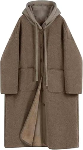 Image of Goolecrimp Women's Retro Elegant Loose Casual Party Hooded Single-breasted Woolen Coat Autumn and Winter Fashion Trend Solid Color Versatile Coat (Light Brown,S)