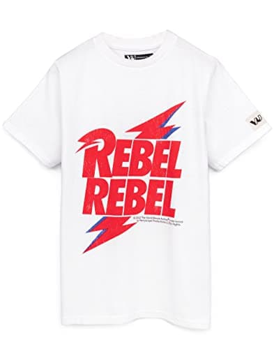 Image of BOWIE David T-Shirt for Kids | Boys Girls Rebel Rebel Song with Lightning Top | White Short Sleeve Band Tee 9-10 Years