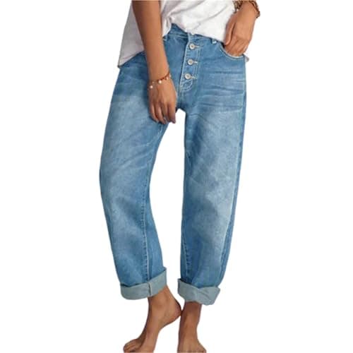 Image of Sawmew Barrel Jeans for Women Wide Leg Cropped Jeans High Waist Baggy Boyfriend Mom Denim Ankle Pants with Pockets Denim Streetwear Baggy Jeans for Women(Light blue,M)