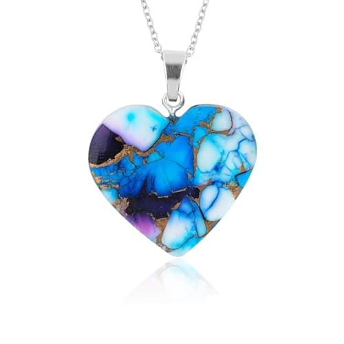Image of GEMKORA American Blue Oyster Copper Turquoise Heart Cabochon Pendant Necklace, Gift Jewellery for Women, Chakra Healing, Silver Plated 18 inch, AAA+ Grade