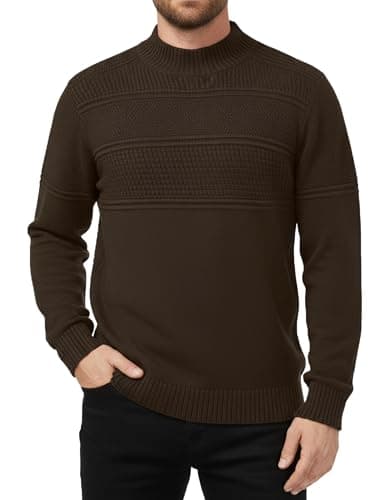 Image of MLANM Men's Cable Knit Jumper Turtleneck Casual Long Sleeve Chunky Knit Sweater with Ribbing Edge Mens High Roll Neck Jumper Winter Slim Fit Mock Neck Pullover Warm Turtle Neck Tops, Coffee XL