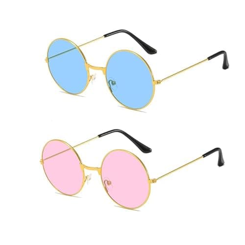 Image of JRTEAY Round Vintage Sunglasses 2 Pack, Gold Metal Frame Pink and Blue Lens, 70s Hippie Style UV Protection Retro Fashion Glasses for Men Women, Lightweight Unisex Summer Festival Party Eye wear