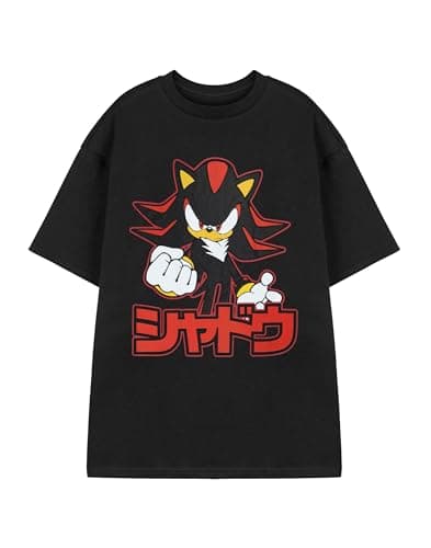 Image of Sonic The Hedgehog Shadow Mens Black Graphic Tee | Short Sleeve T-Shirt Featuring Japanese 'シヤドウ' | Casual Cartoon Apparel | Classic Game Theme Top for Fans - Small