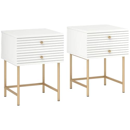 Image of HOMCOM Bedside Tables Set of 2, Bedside Cabinet with 2 Drawers, Gold Steel Legs, Modern Side Table with Striped Panel for Bedroom, Living Room, White