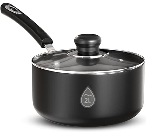 Image of KICHLY 18 cm, 2Ltr Nonstick Saucepan with Glass Lid, Multipurpose Induction Pot for Home, Kitchen or Restaurant, Milk Pan, 18cm, 2L, Induction, Black, 1 Piece
