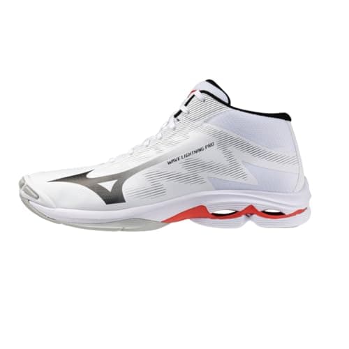 Image of Mizuno Wave Lightning PRO Mid Volleyball Shoes, White Black Red, Lightweight Cushioning with PoWnCe Midsole, White, 10.5 UK