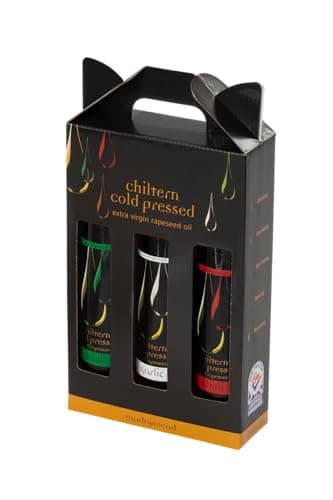Image of Chiltern Cold Pressed Infused Rapeseed Oil Gift Set – 3 x 250ml Bottles – Garlic, Basil & Chilli – Cold Pressed for Maximum Flavour – Perfect for Cooking, Roasting, Dipping & Dressing