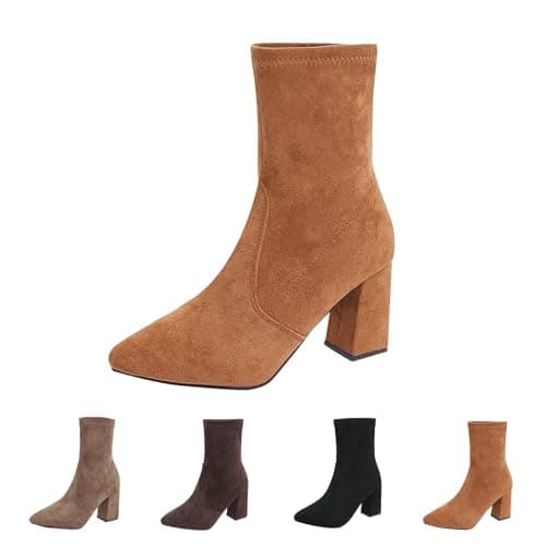 Image of Generisch Suede Boots Women's Ankle Boots with Heel Pointed Slip-On Boots with Block Heel Half Boots Short Shaft Winter Boots Plain Elegant Women's Boots for Business Leisure, brown, 7 UK