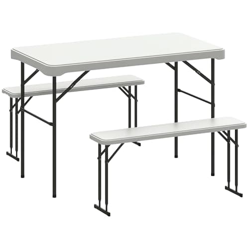 Image of Outsunny 3 Piece 4ft Folding Picnic Table and Bench Set, Portable HDPE Camping Table and Chairs with Carrying Handle for Indoor Outdoor, Dining, Camping, Picnic, BBQ, Party, Light Grey