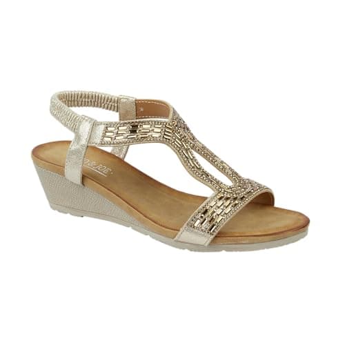 Image of Jo & Joe Ladies Mid Heel Wedge Comfort Sandal with Glitzy Jewels and Elasticated Slingback Strap, Flexible sole sizes 4-8 (Rose Gold, UK Footwear Size System, Adult, Women, Numeric, Medium, 6)