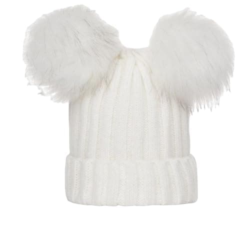 Image of PythJooh Baby Winter Warm Hat Kid Cute Pom Pom Wooly Crochet Hats Beanie Hats for Baby Girl Boy Kids 0-3Years Cream White