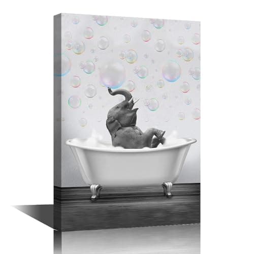 Image of Funny Animals Picture Canvas Wall Art Elephant in Bathtub Bubble for Bathroom Living Room Bedroom Modern Artwork Print for Home Decor Framed Ready to Hang 12x18inch (30x45cm)