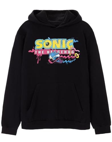 Image of Sonic The Hedgehog Mens Hoodie | Black Logo Graphic Hooded Sweatshirt For Adults | Relaxed Fit Classic 90s Gaming Apparel | Warm & Nostalgic Hoody Apparel Gift for Him