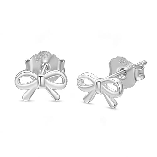 Image of 999 Sterling Silver Stud Earrings, Hypoallergenic Tiny Flat Back Earrings for Women Girls, Delicate Bow Cartilage Helix Piercing Jewellery for Daily Wear & Gifting
