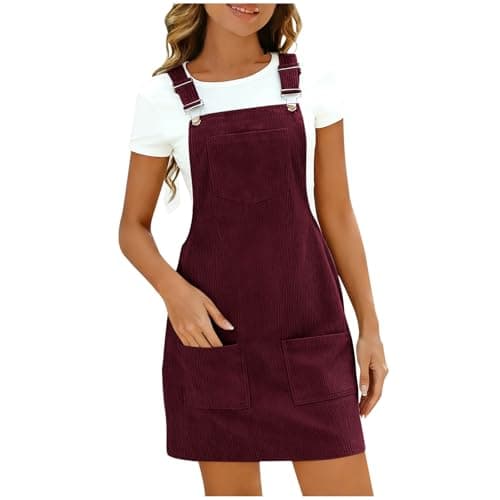 Image of Women's Corduroy Overall Dresse Casual Pinafore Dress Square Neck Solid Pocket Front Wide Straps Short Dungarees Sleeveless Vintage Mini Dress Wine