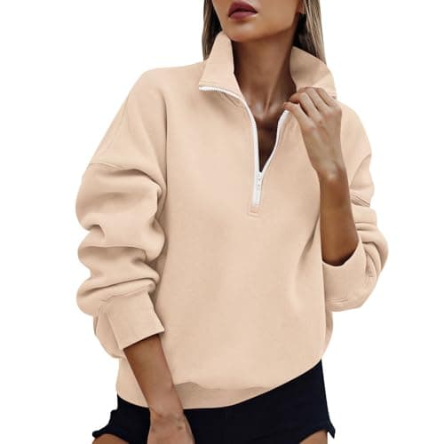 Image of Womens Half Zip Sweatshirt Solid Casual 1/4 Zip Pullover Tops Autumn Winter Cosy Jumpers Ladies Sweaters Quarter-Zip Fleece Sweatshirt with Pockets Knitwear Fashion Casual Long Sleeve Top Khaki