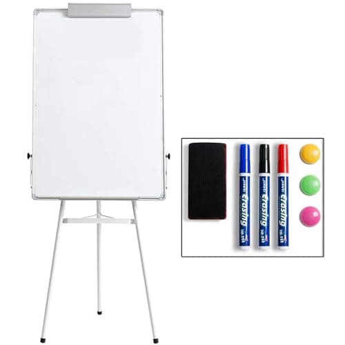 Image of DOEWORKS Flip Chart Easel Whiteboard 90x60cm Tripod, Dry Erase Magnetic White Board Flipchart, Height Adjustable and Foldable Whiteboard for Home School Office, White