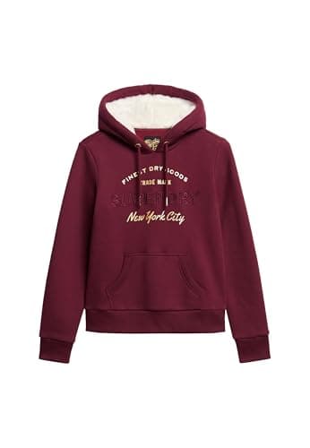 Image of Superdry Ladies Luxe Metallic Logo Hoodie, Burgundy red, 12