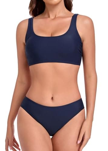 Image of Vevarble Bikini Set Women Sporty Top Swimwear High Waist Bikini Bottom Two Piece Swimsuit,M,Dark Blue