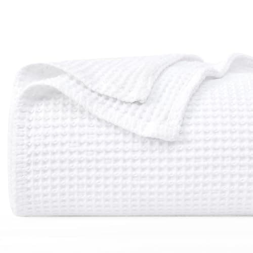 Image of PHF 100% Cotton Waffle Weave Blanket Double Size 150 x 200cm, Pre-Washed Lightweight Breathable Throw Blanket, Oeko-TEX Certified for Bed Sofa, Home Decor, White