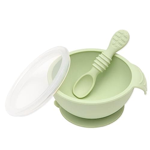 Image of Bumkins Baby Bowls, Silicone Baby Feeding Set, Suction Bowls for Baby and Toddler with Spoon and Lid, First Feeding Set, Platinum Silicone Bowl for Babies 4 Months Up