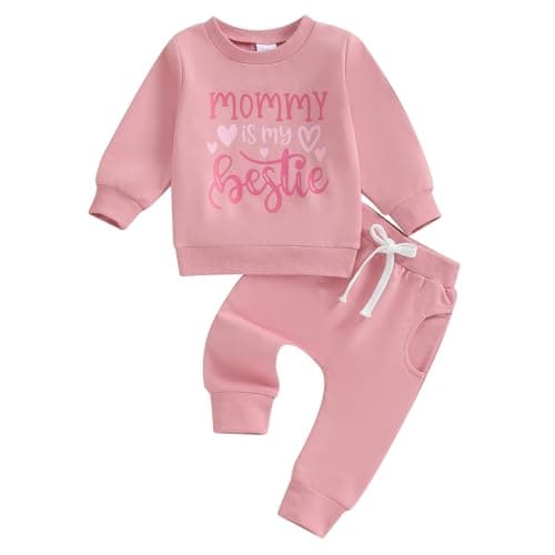 Image of Vioyavo Toddler Baby Girls Spring Fall Outfit Letter&Heart Print Long Sleeve Sweatshirt Elastic Waist Trousers 2 Pieces Tracksuit Set (Pink, 2-3 Years)