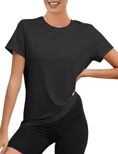 Image of Rapbin Black Sport Tshirt Womens Workout Tops for Running Sun Protection Sport Breathable Lightweight Shirt Elastic Quick Dry Gym Tops for Women UK(Black,M)