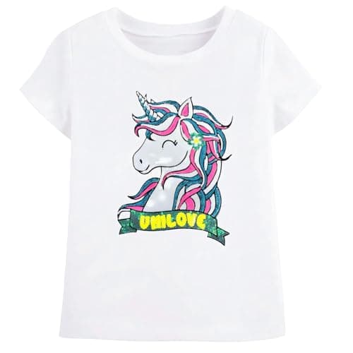 Image of Girls White Unicorn T-Shirt, Cotton Short Sleeve Round Neck Tee with Sequin Unicorn Graphic, Cute Everyday Top Kids, Gift for 6 Year Olds Girls