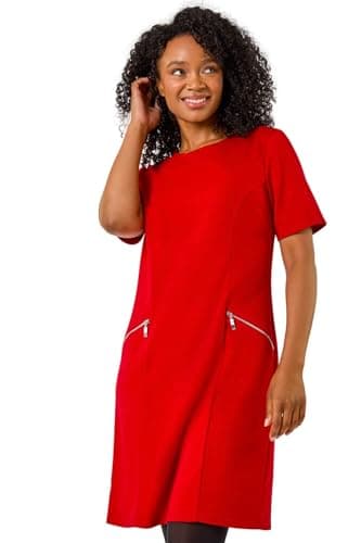 Image of Roman Spot Print Zip Pocket Jersey Dress for Women UK - Ladies Everyday Holiday Autumn Winter Round Neck 3/4 Sleeves Comfy Soft Evening Vacation Work Party Shift