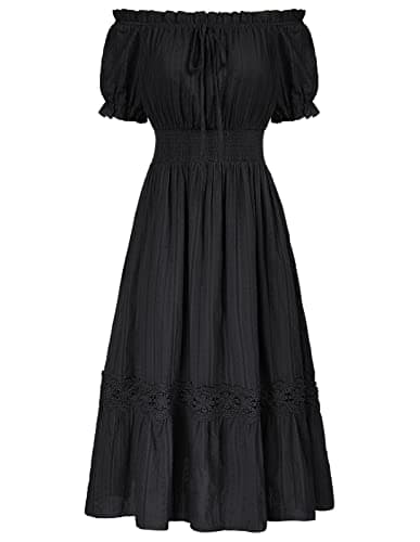 Image of SCARLET DARKNESS Women Classic Renaissance Black Dress Off Shoulder Smocked Vintage Dinner Dress for Summer S