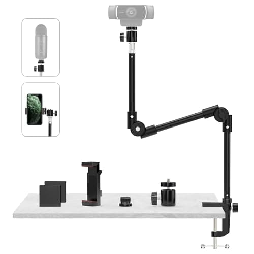 Image of KDD Webcam Stand Camera Mount with Phone Holder & 5/8" Screw, 22in Flexible Projector Stand Gooseneck Desk Mic Stand for Logitech C922 C930e C920 C925e C615 C960 Brio 4K, Blue Yeti Snowball Ice