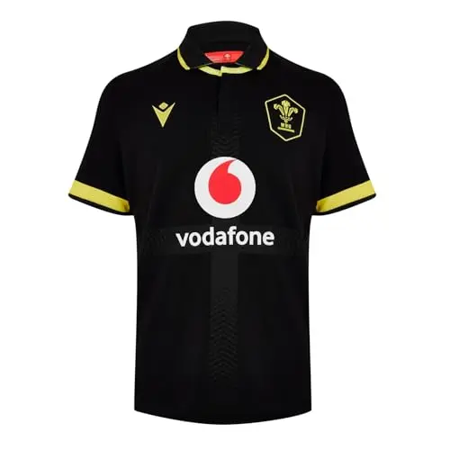 Image of Macron Mens Wales Rugby 6 Nations Away Shirt 2023 Adults Black/Yellow L