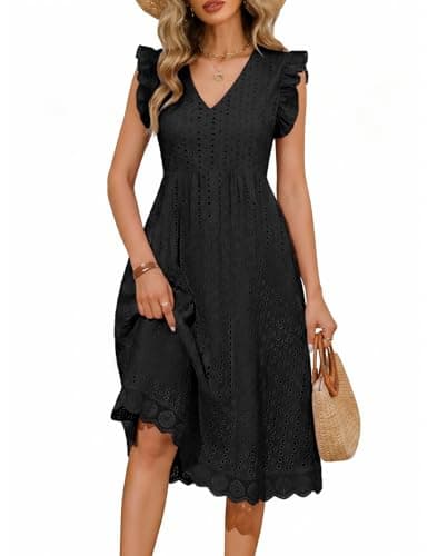 Image of PASUDA Women Dresses Summer Elegant V Neck Ruffle Sleeve Midi Dress Casual A-Line Ladies Dresses High Waist Beach Sundress with Pockets Holiday Dress (Black, L)