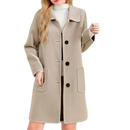 Image of Saxrel Women's Jacket Turn-Down Collar Cardigan Puffer Coats for Women UK Solid Color Outerwear Pocket Outerwear Overcoat Winter Warm Woolen Coat Beige Jacket Lightwieght Outdoor Wool