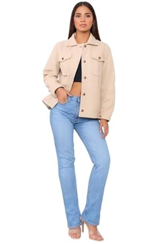 Image of Sykesstyle Women’s Collared Button Up Shacket Lightweight Casual Outerwear Coat (UK, Numeric, 10, Regular, Regular, Beige)