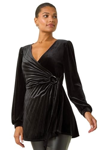 Image of Roman Originals Velvet Pleated Wrap Top for Women UK - Ladies Everyday Autumn Winter V-Neckline Comfy Soft Evening Vacation Work Party Night Out - Black - Size 20