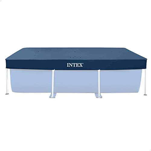Image of Intex Rectangular Frame Pool Cover 3m x 2m, Blue PVC Debris and Weather Cover for Intex Frame Pools, Rope Ties, Drainage Holes, 8in Overhang, 28038