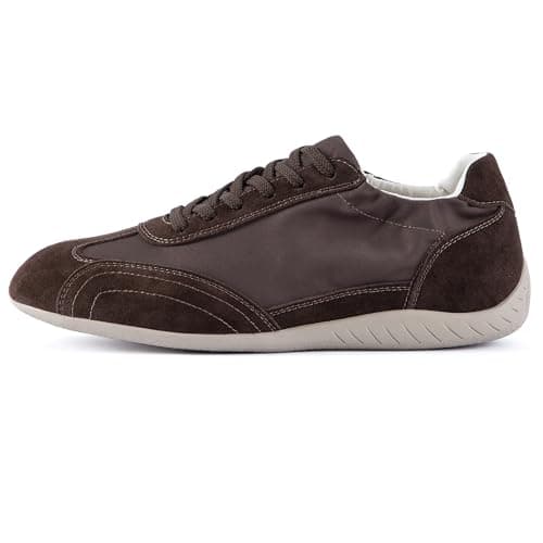 Image of N.N.G Women's Minimalist Retro Runner Sneakers Low Top - Faux Suede & Breathable Satin Panels, Lace-Up Casual Trainers,Round Toe, Coffee Brown, 4 UK