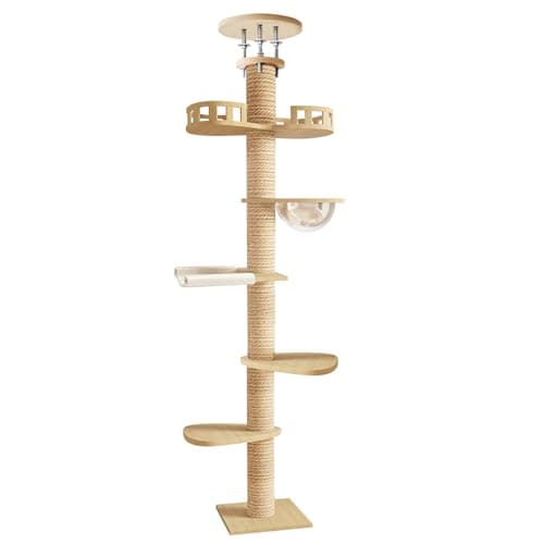 Image of Floor to Ceiling Cat Tree, Adjustable Height Tower with 4.3 in Sisal Rope Scratching Post, Space Capsule, Cat Hammock & Observation Nest, 6 Tier Indoor Cat Tower (1 Set)