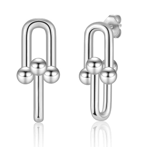 Image of Silver Stud Earrings for Women, Hypoallergenic Silver White Gold Plated Chunky Earring U-Shaped Paperclip Link Chain Hoop Earrings Large Studs Statement Earrings Jewellery Girls Gifts