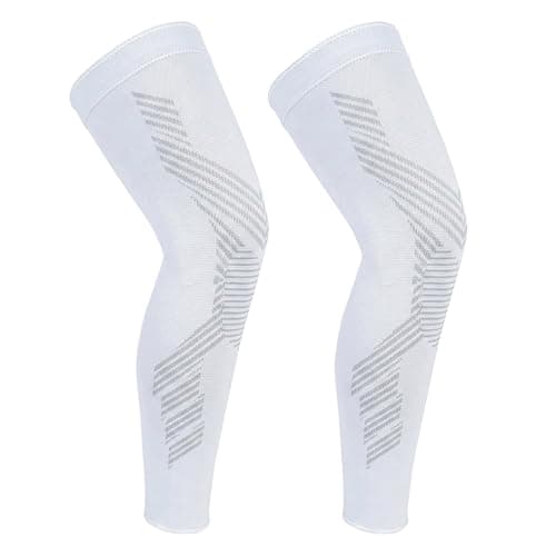 Image of NuVigor 2 Pack Full Leg Compression Sleeves Long Knee Support with Anti Slip for Men Woman Elastic Long Knee Brace for ACJ Meniscus Tear Arthritis Tendinitis Basketball Cycling Thigh Calf (White, 3XL)