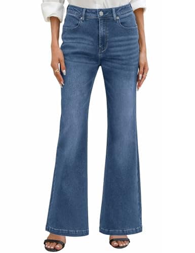 Image of PASUDA Flared Jeans for Women Stretchy High Waisted Denim Pants Elastic Bootcut Bell Bottom Washed Jeans Legging for Women with Pockets Casual Comfort (Navy Blue, XL)