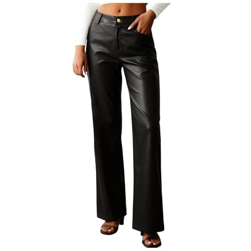 Image of Women's Faux Leather Pants Ladies Solid Color PU Leather Straight Leg Trousers Women Faux Pants Solid Color Pu High Waist Straight Wide Leg Leggings Slim Fit Trousers Women's High Waist Jeans Black