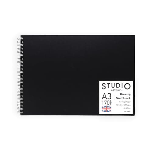 Image of Artway Studio A3 Spiral Bound Sketchbook - Landscape - 48 Pages (96 Sides) of 170gsm Cartridge Paper - Black Hardcover Drawing Pad for Sketching, Drawing & Illustration